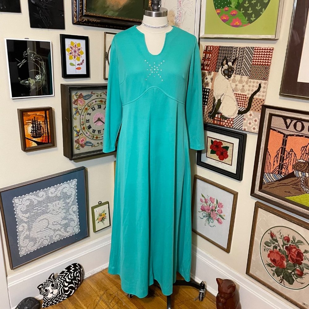 70s Vintage Montgomery Ward Blue Green Long Sleeve Maxi Dress with Rhinestones